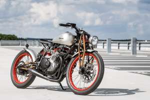 Hard to believe this this board tracker-style custom with a one-off girder fork started life as a Suzuki GS550E.