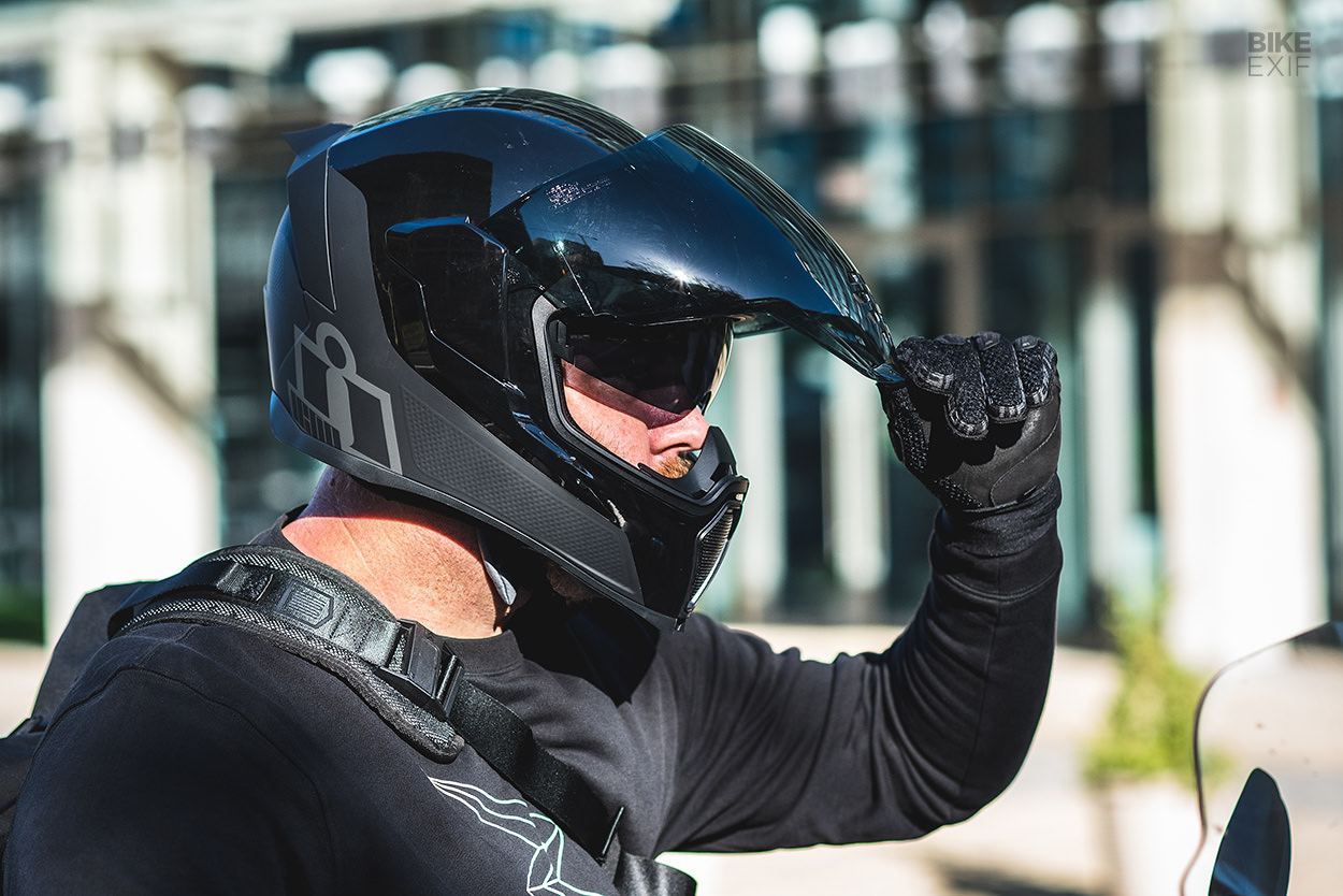 icon airflite helmet stealth Ultraflite MIPS SpazCycle Injection molded polycarbonate shell for strength Multiple oversized intake and exhaust ports Fog Icon Airflite MIPS Stealth Motorcycle
