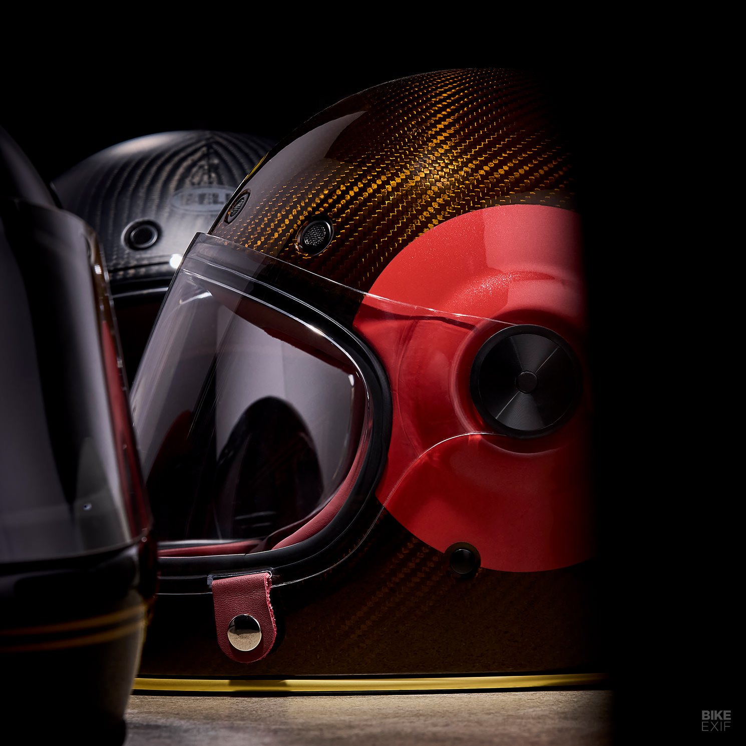 bell bullit helmet with custom face shield - Bullitt Carbon RSD Player metal mesh circular intake vents with a rear exhaust vent and 3D cut cheek pads with speaker pockets compliment the vintage styling and push the Bullitt into the 21st century Bell Bullitt Helmets in Person